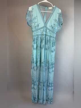 Altar’d State Lace Maxi Dress Small Teal Boho Embroidered Sheer Lace Overlay